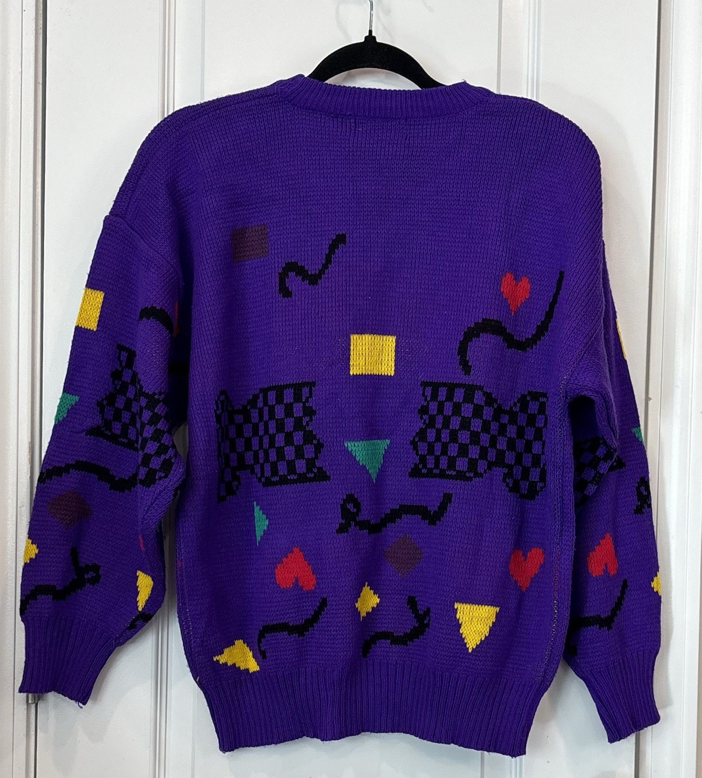Vintage 80s Chateau Sweater M Purple Abstract Geometric Novelty Knit Colorblock