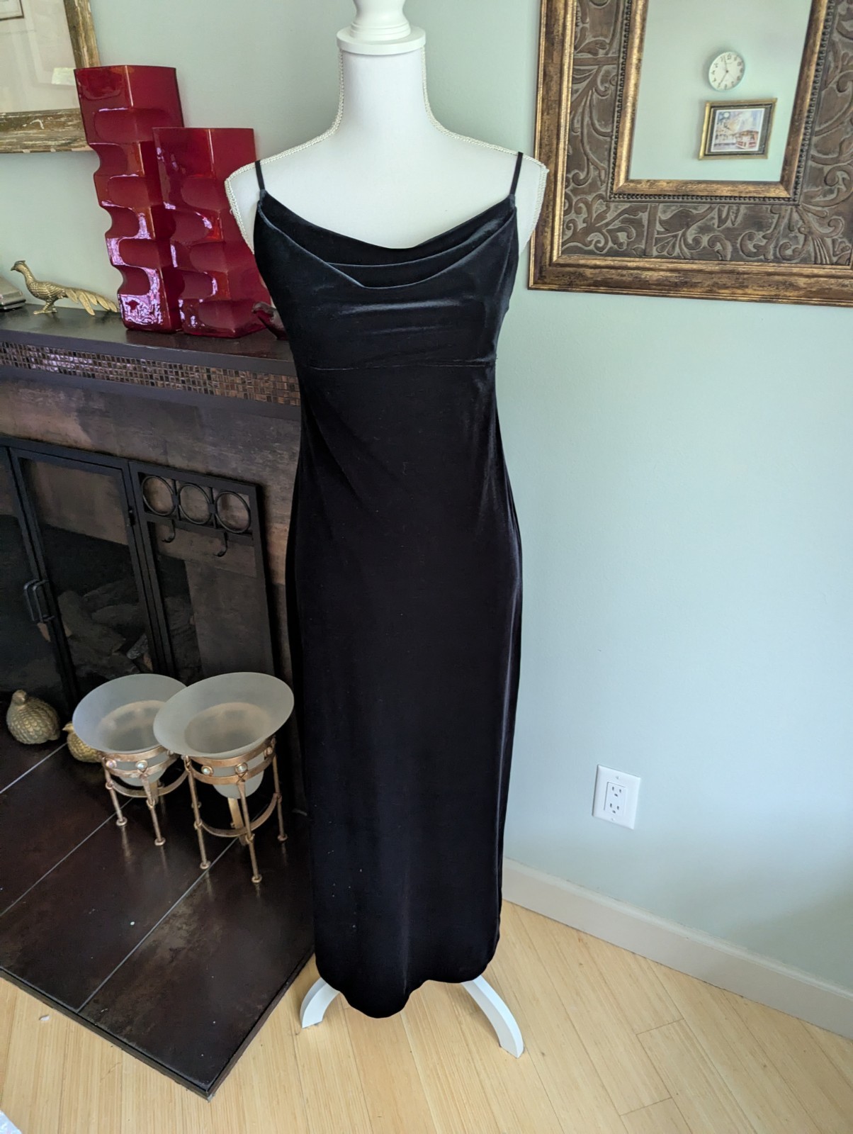 90s LOFT 4 Petite Black Velvet Cowl Drape Neck Long Maxi Gown Dress Witchy 165