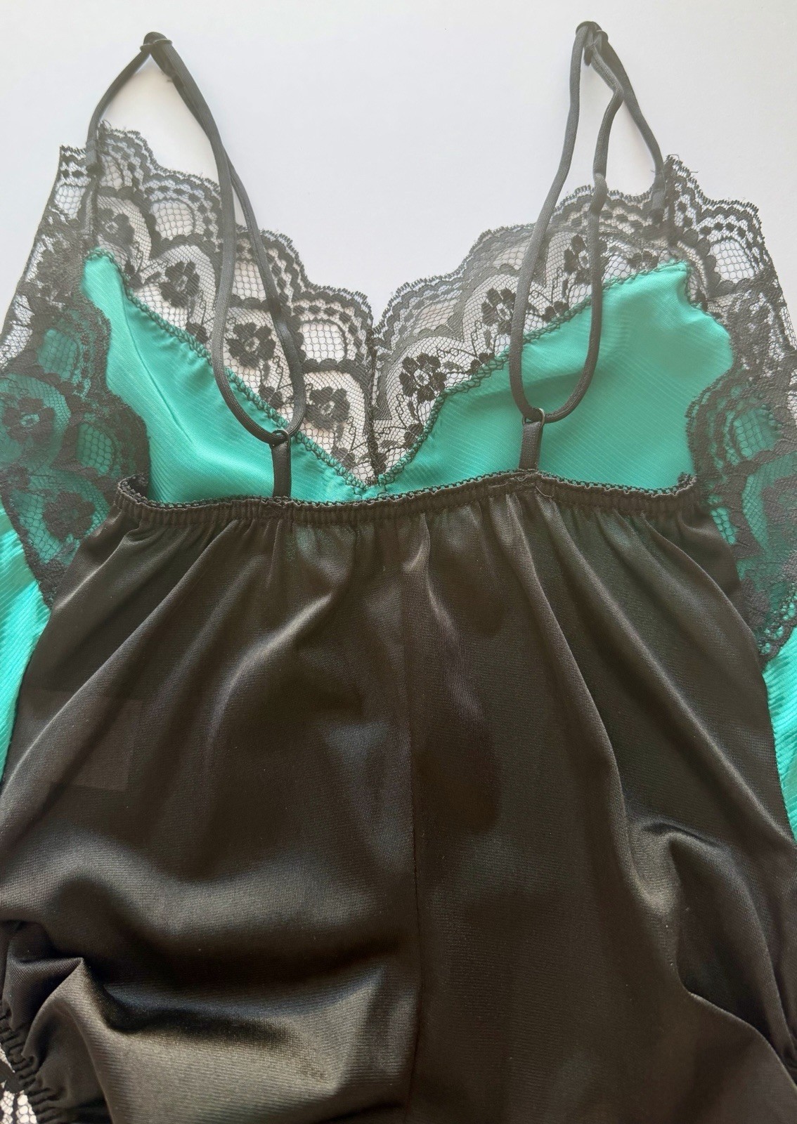 Vintage Lady Cameo Dallas Satin Lace Teddy Bodysuit Green Black USA M Medium