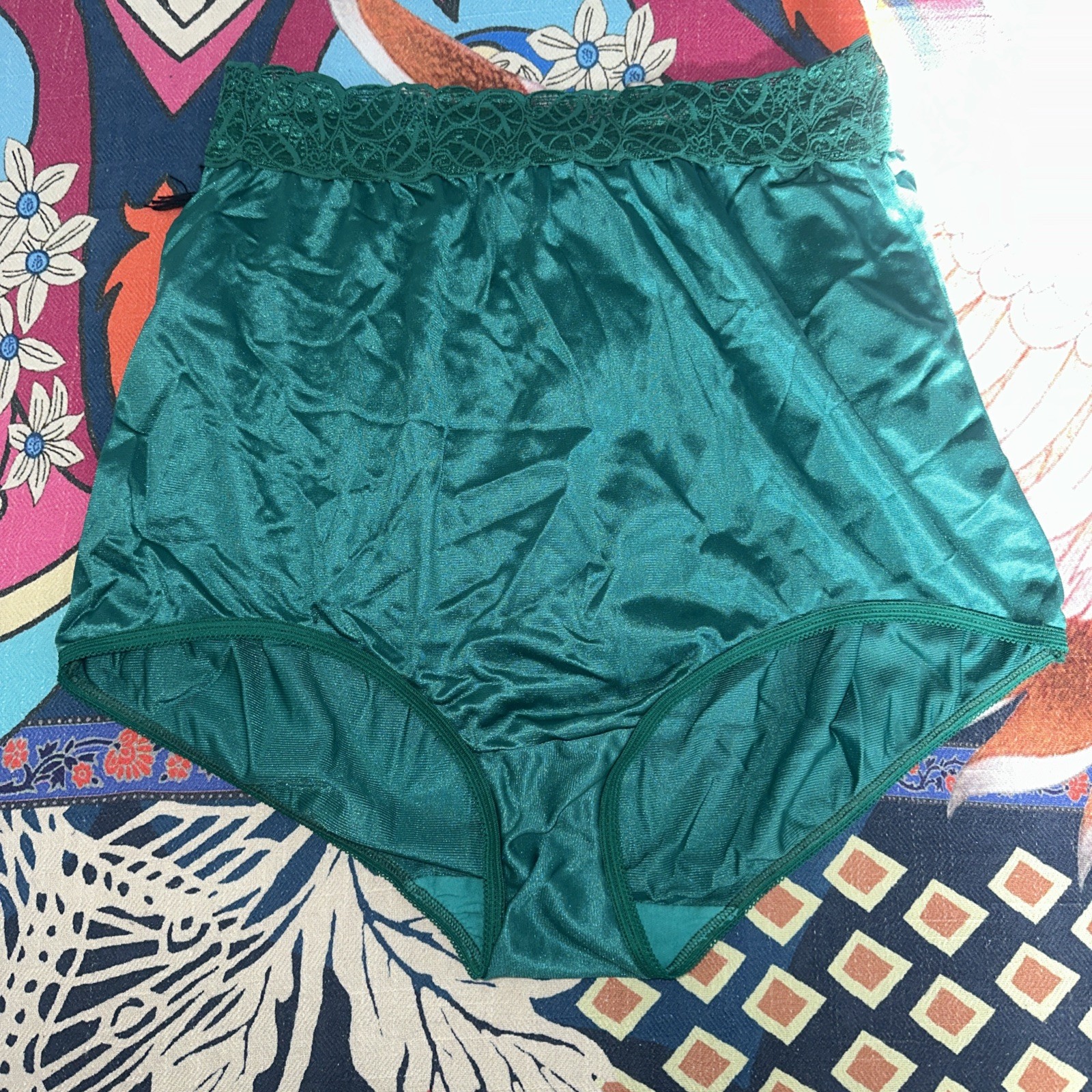 SZ 12 VTG Emerald GRANNY Panties HIGH WAIST NYLON SISSY BRIEF UNDERWEAR SHINY