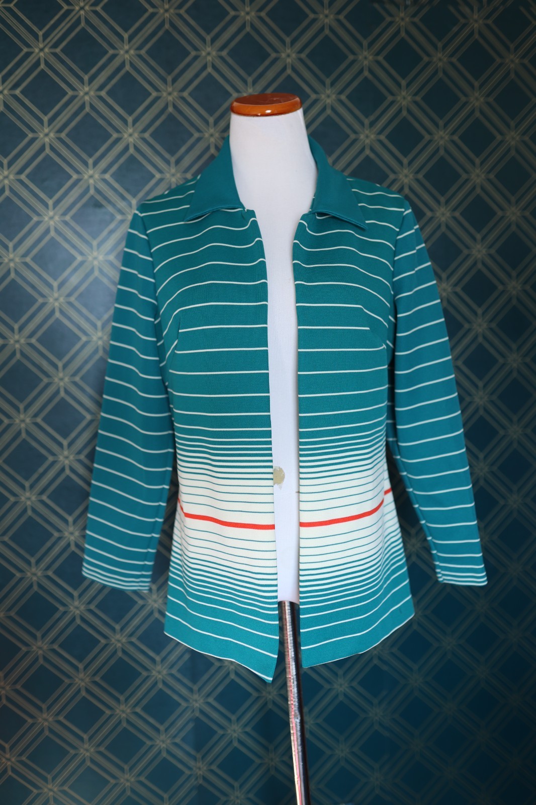 Vintage 70s JC Penny Open Front Blazer Jacket Teal Stripe Pin Up Retro Dagger