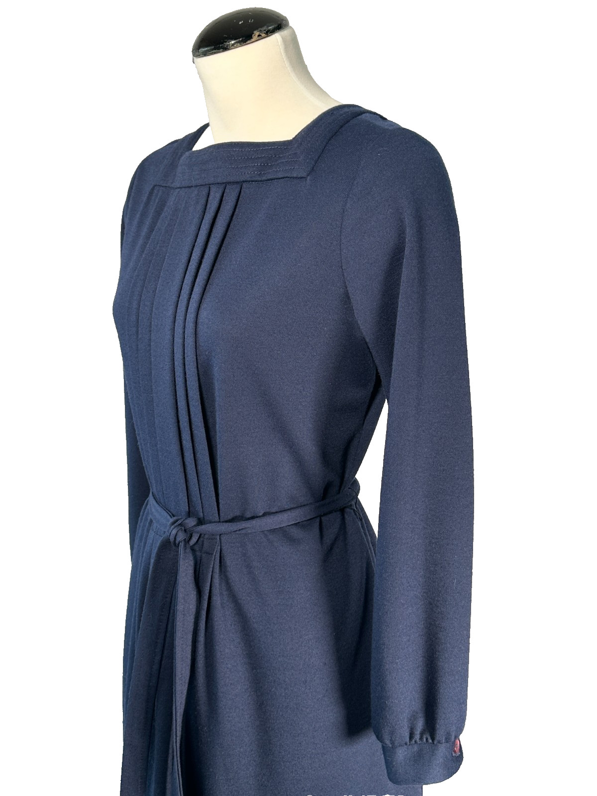 VTG 70s Twee Navy Blue Pleated Dress Square Neck Belted Aline Midi Secretary S/M