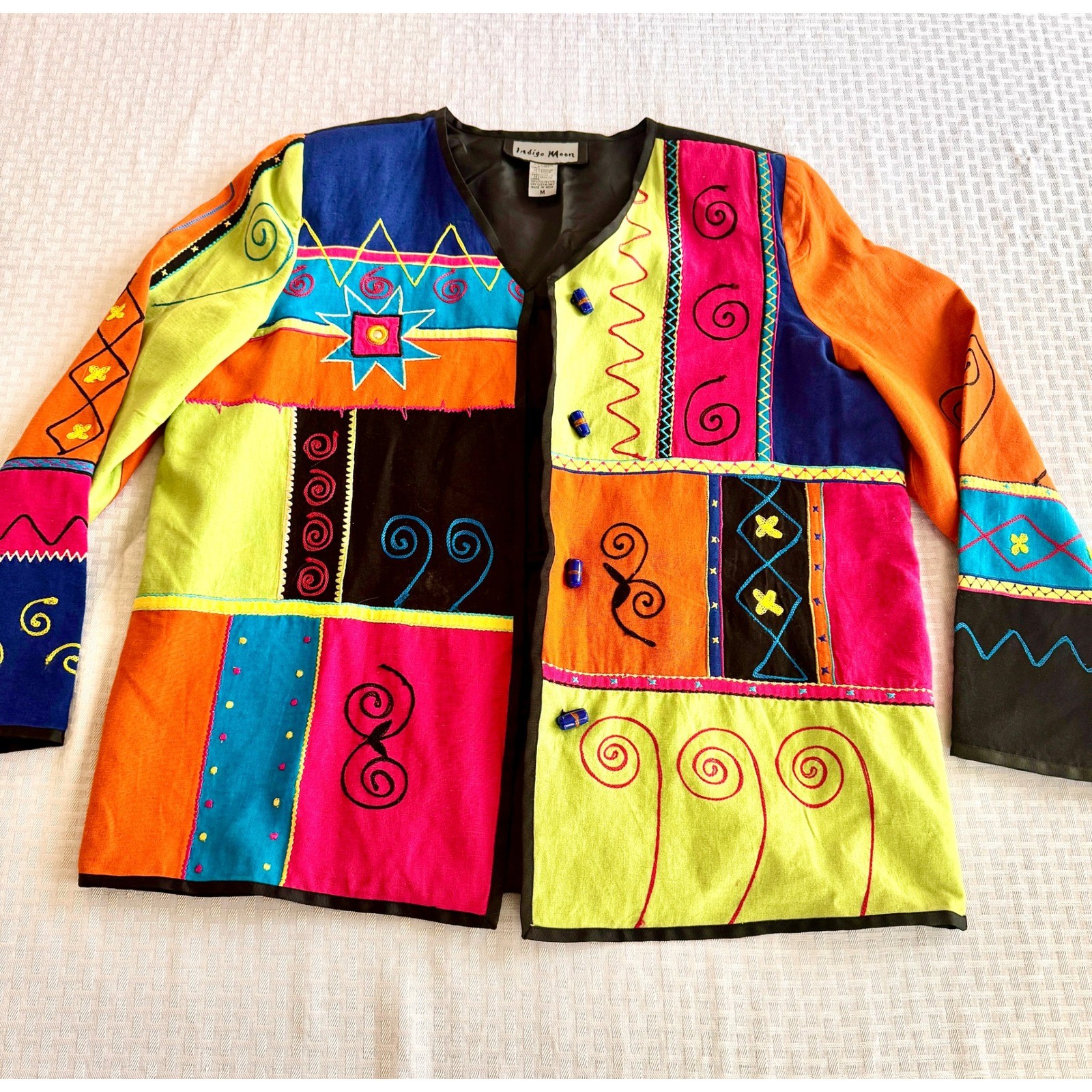 Indigo Moon Vintage Patchwork Jacket Womens Medium Embroidered Wearable Art Boho