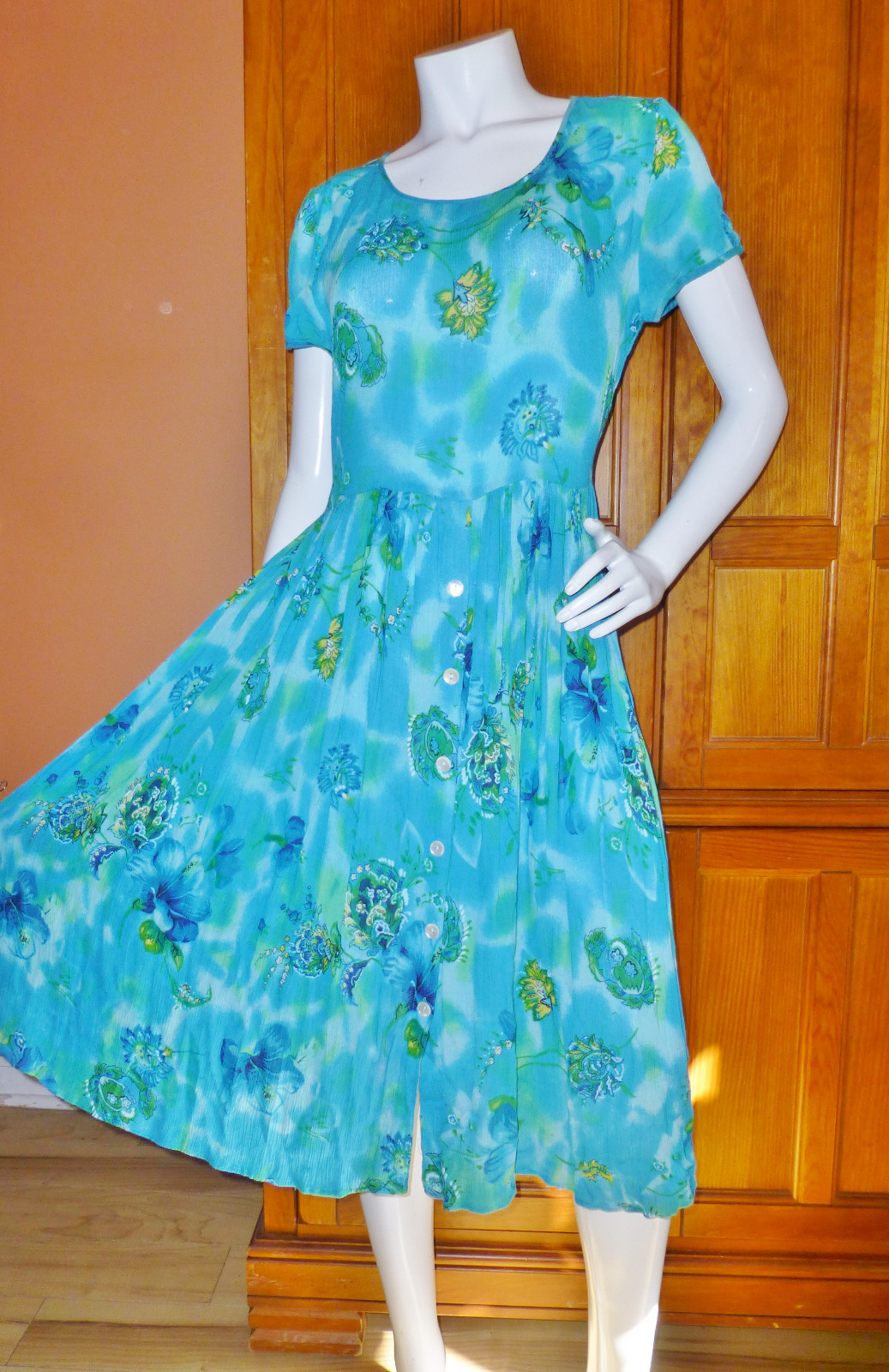 Vtg India Gauze Rayon Turquoise Ethnic Drape A line Boho Gypsy Midi DRESS S M