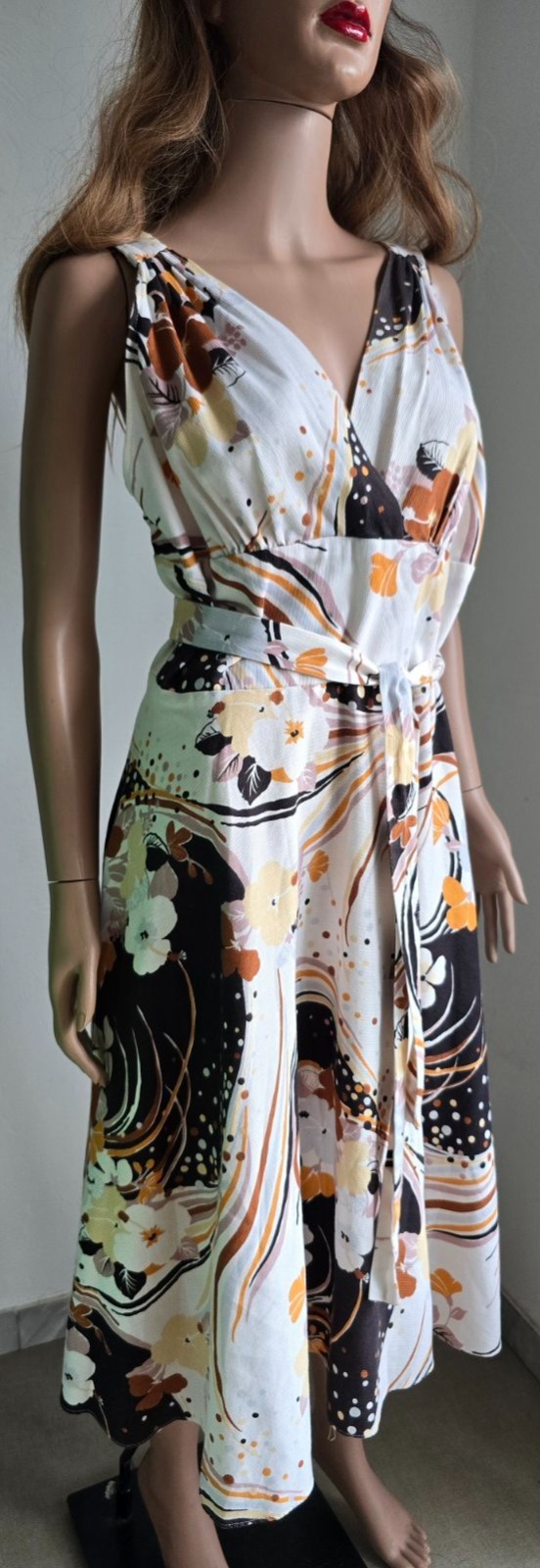 Vintage70sTRINA LEWIS& MARJON COUTURE Cotton Dress Abstract Floral Bust-90cm/35″