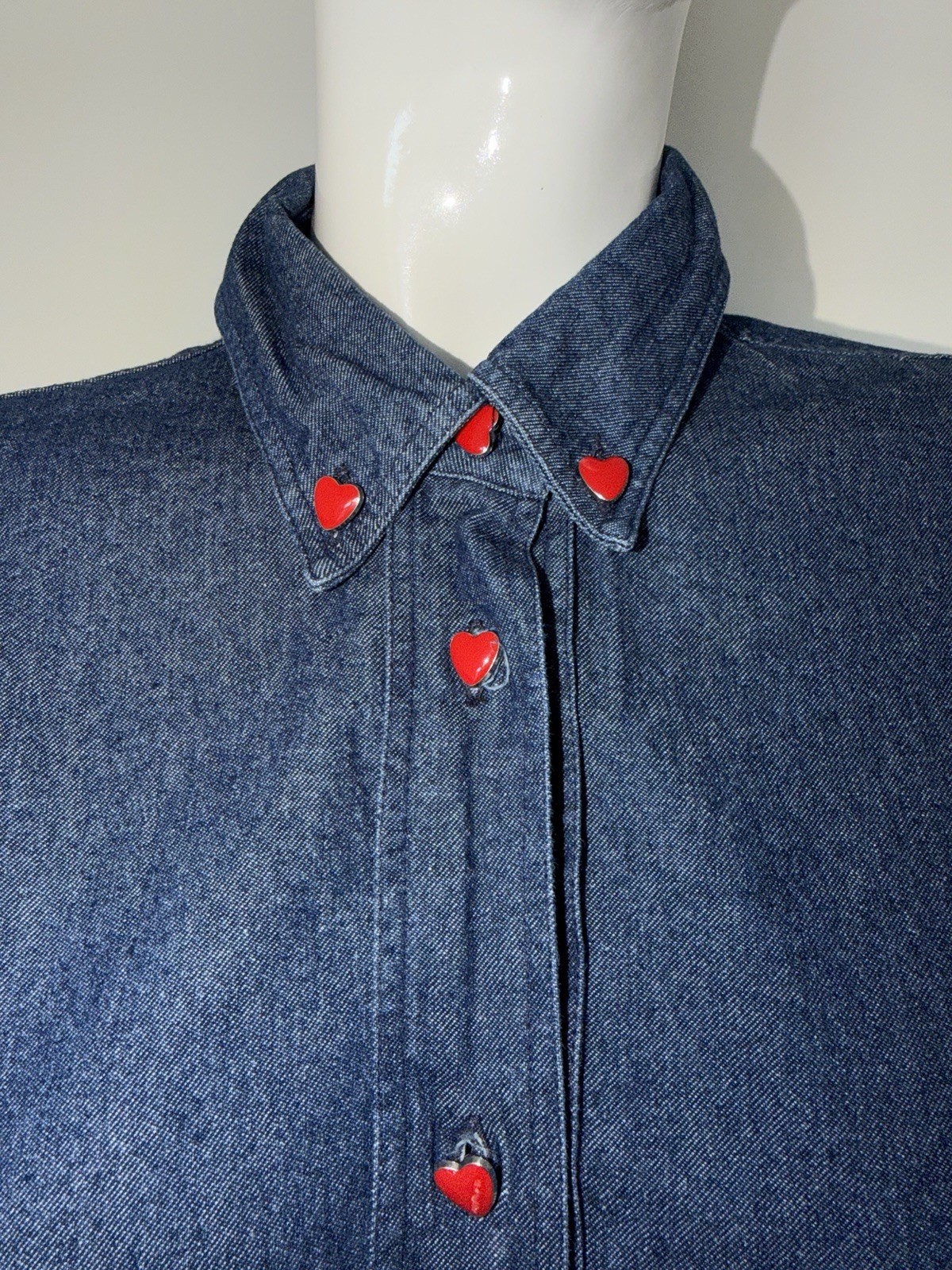 VTG 90s Franco Moschino Jeans Iconic Backwards Heart Peace Signs Denim Shirt MED