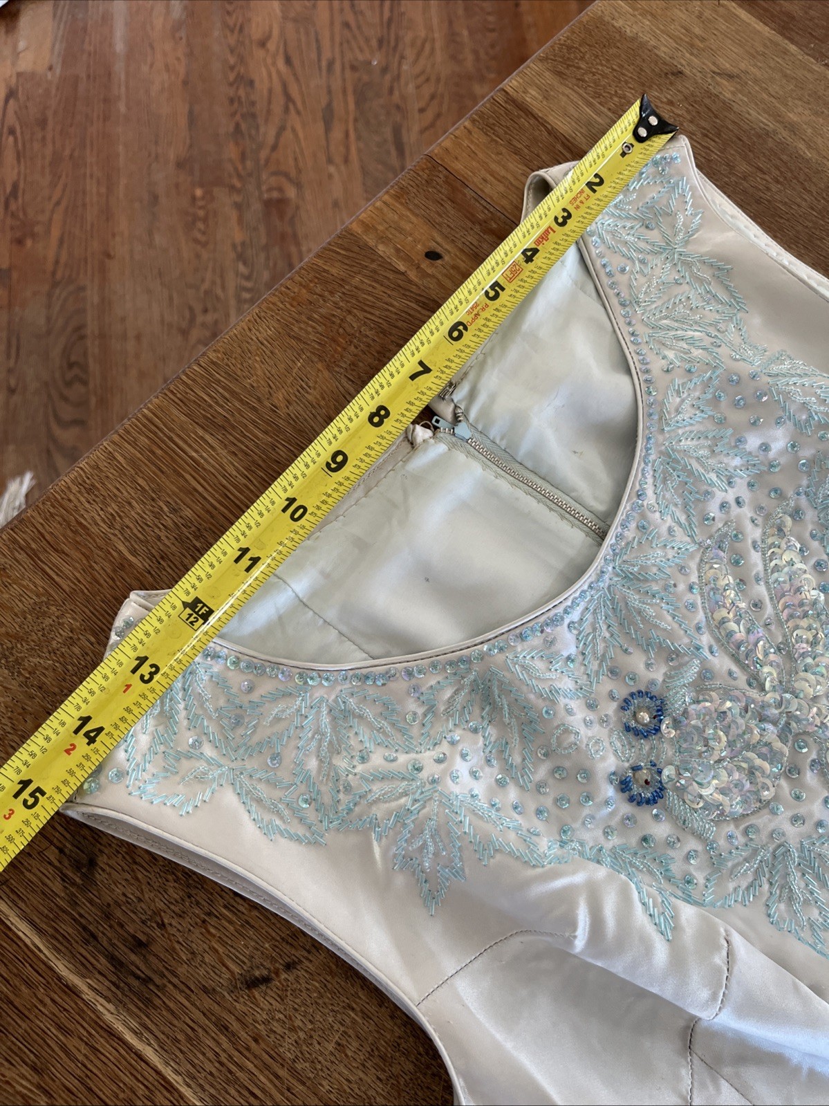 VTG 50/60s Satin Hand Beaded Sequin Light Blue Sheath Dress Sz Small Fish Koi