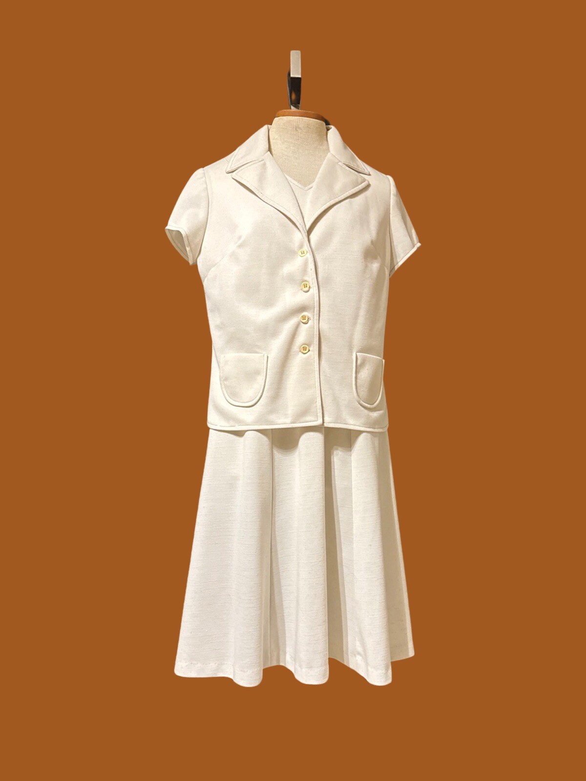 Vintage 70’s Knit Womens Dress Suit Set Brown Stitched Point Collar Haggar S/M