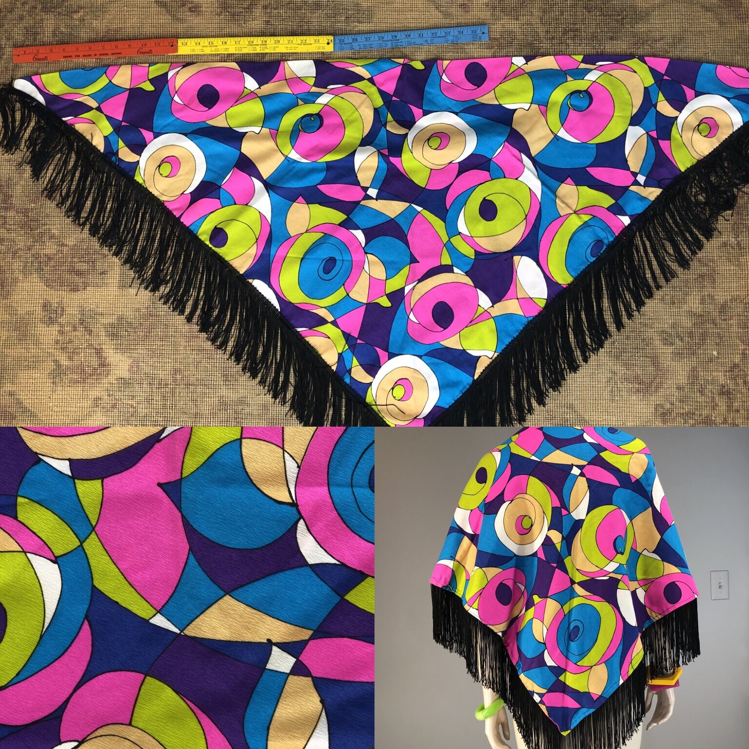 Vtg 70s Wrap Hawaiian-esque Fringed Op ARt Barkcloth Acrylic Cotton Blend Geo