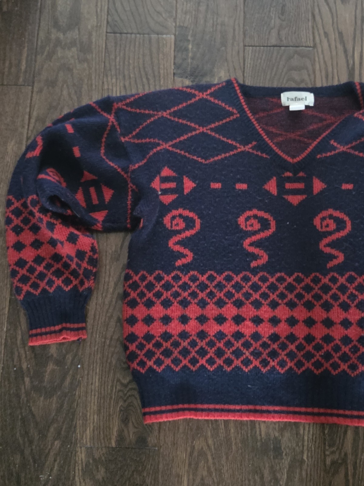 Vintage Rafael Southwestern Sweater Red Black Geometric V Neck Pullover Sz L
