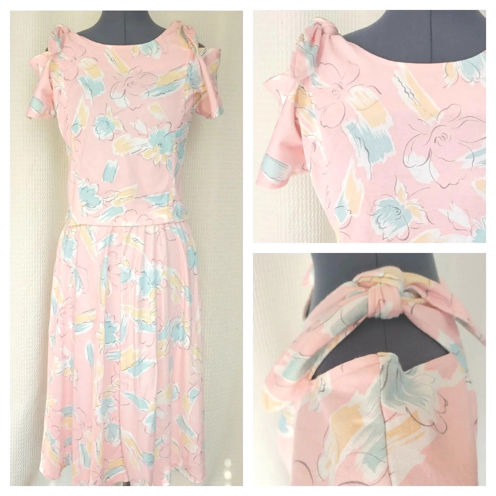 Vintage Pink Knit Skirt & Top Set with Yellow & Blue Florals Size 11/12
