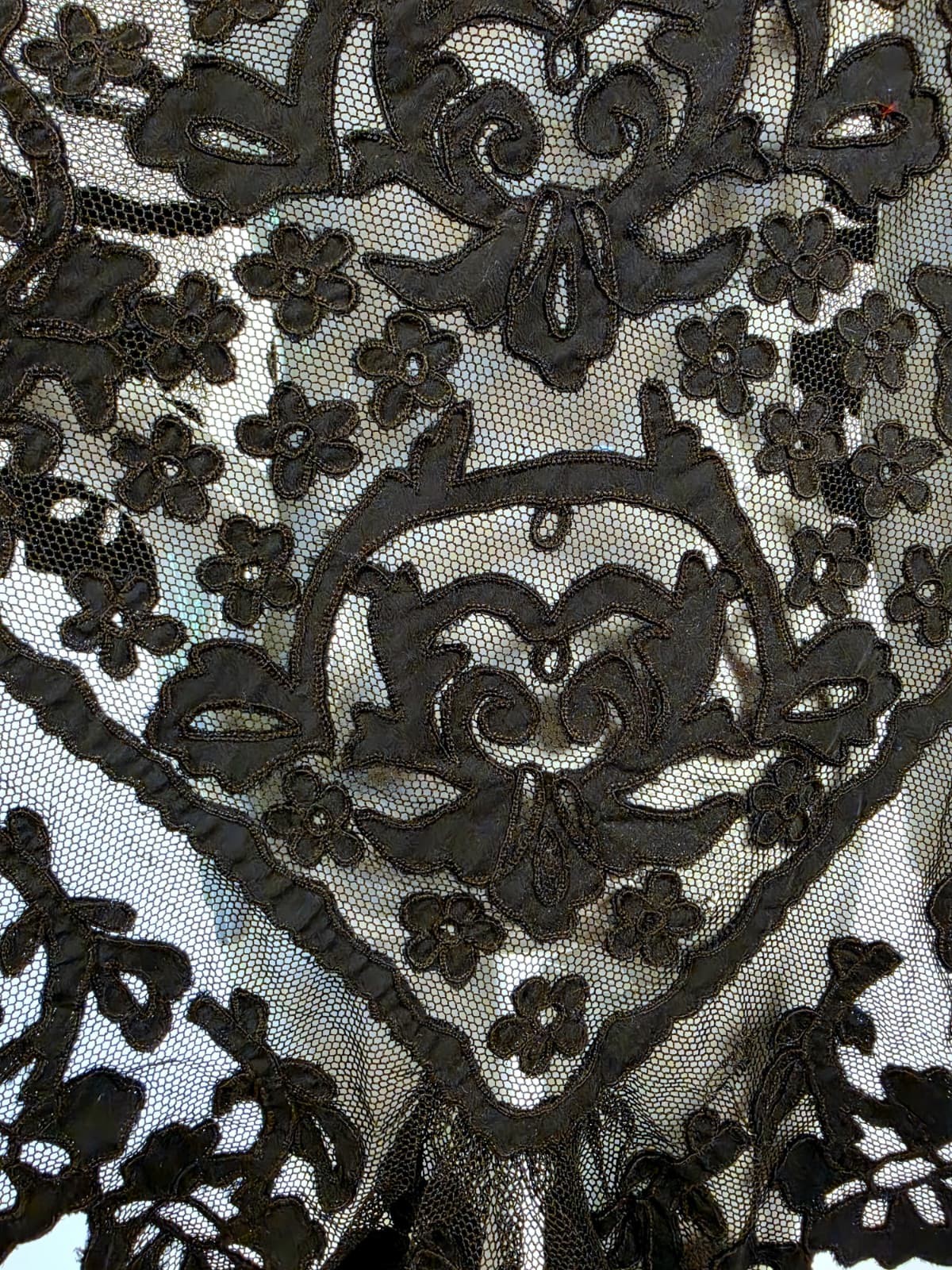 VICTORIAN 19TH C BLACK CUTWORK TRIANGULAR CAPE W FLORAL EDGE FOR DRESS