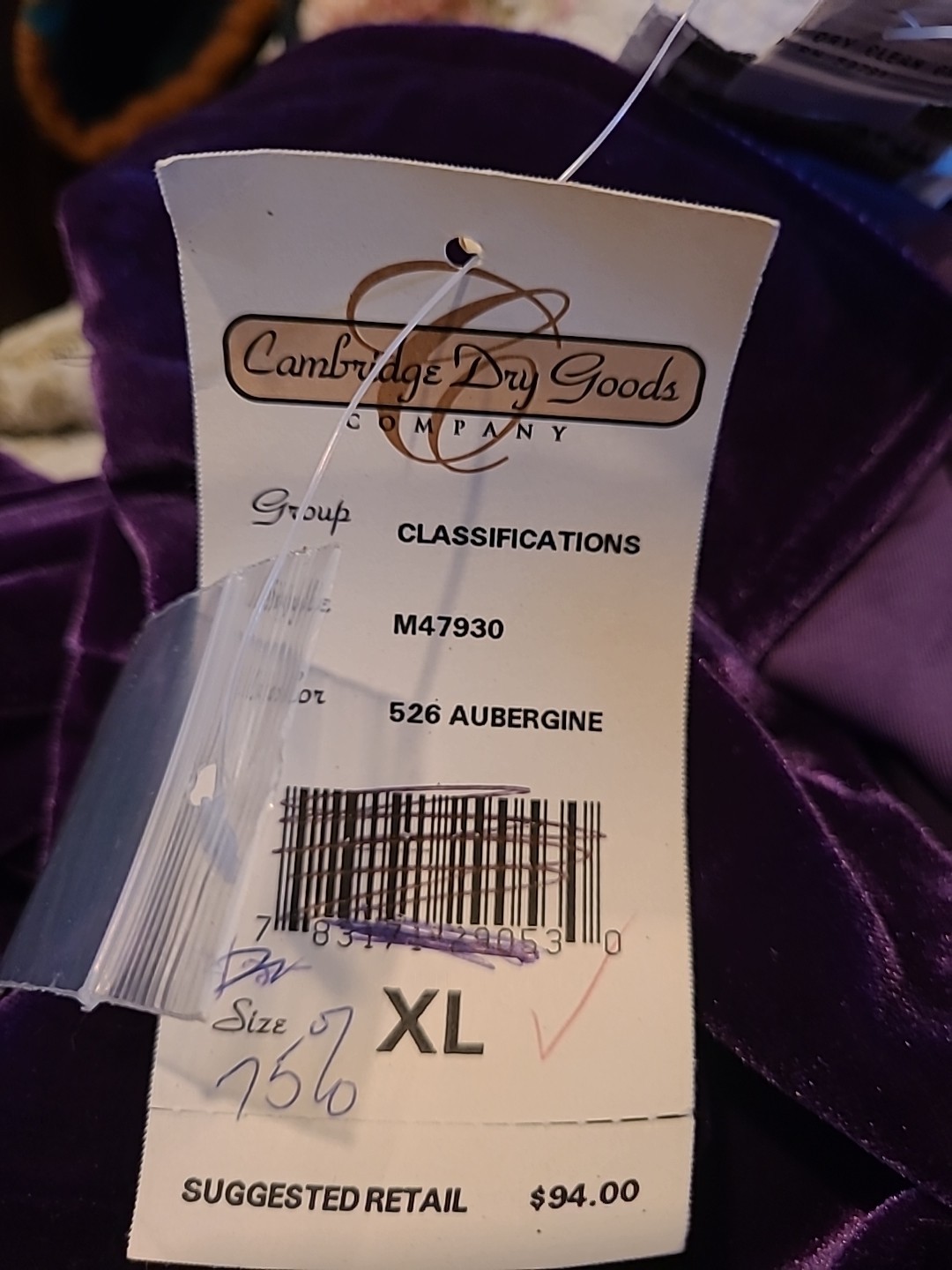 Vintage NOS Cambridge Dry Goods XL Purple Velvet Blouse Long Sleeve Top NWT XL