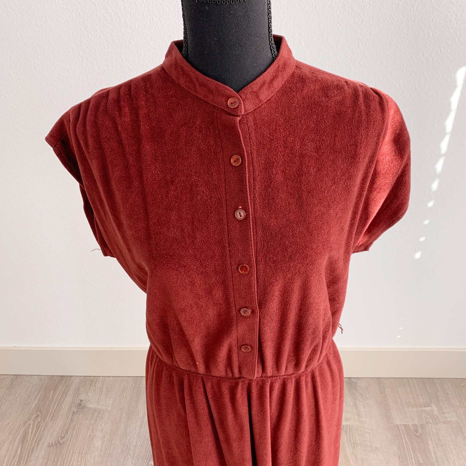 Vintage 70s Rust Velour Cap Sleeve Twee Mandarin Collar Fit Flare Dress 15