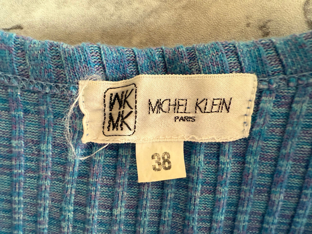 Vintage Michel Klein Itokin Blue Rib Knit Nylon Blend Bodycon Dress Size 38