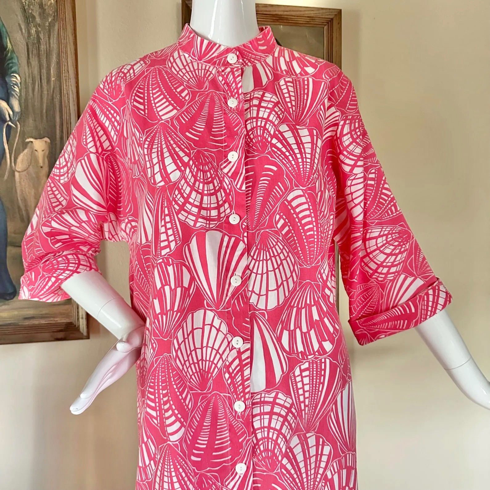 Vintage 70s Mr Hank Preppy Hot Pink Seashells Print Beach Cover-up Shirt Dress L