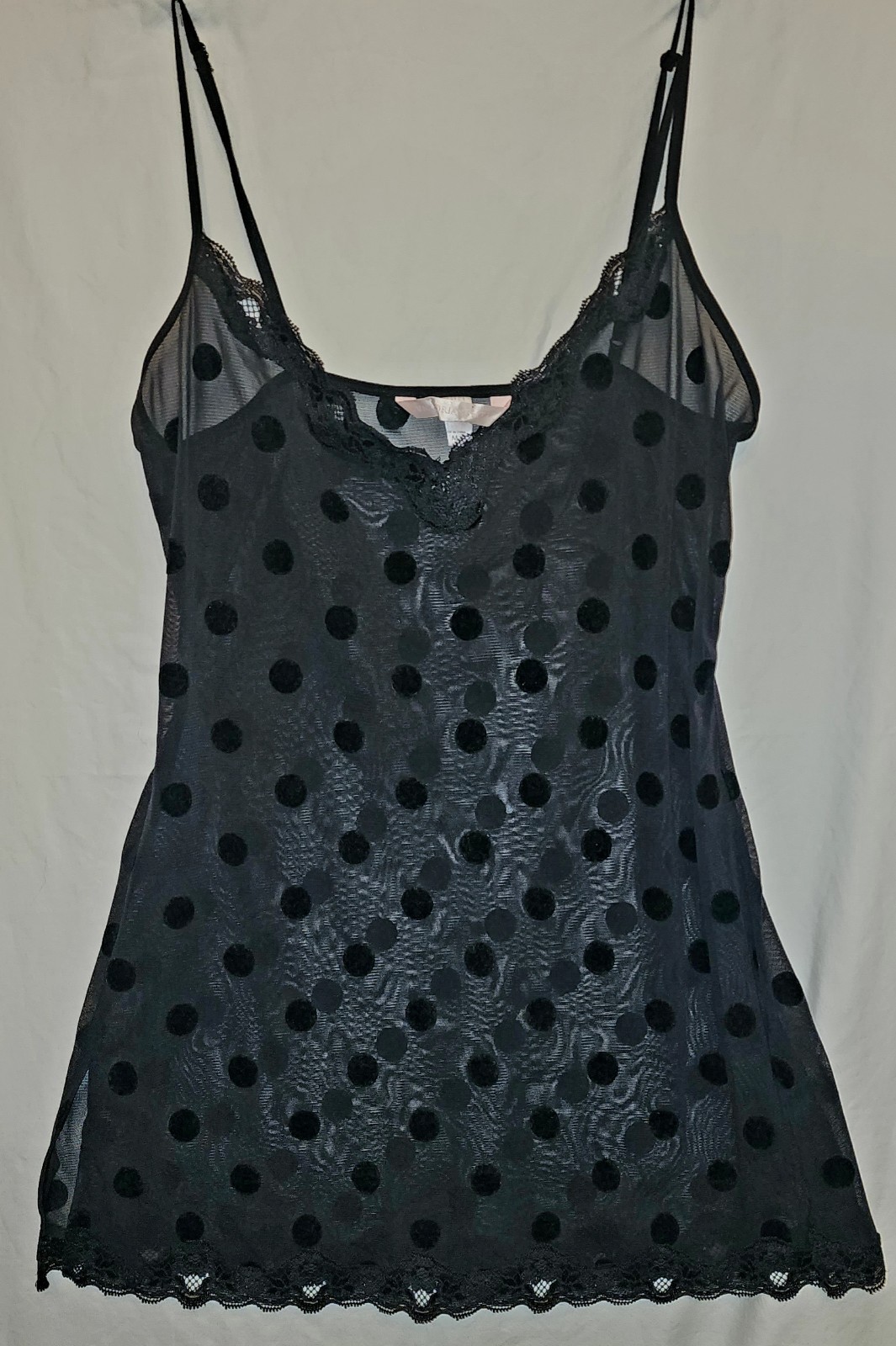 ​Vintage Victoria’s Secret Black Sheer Mesh Slip Lingerie Velvet Polka Dot Lace