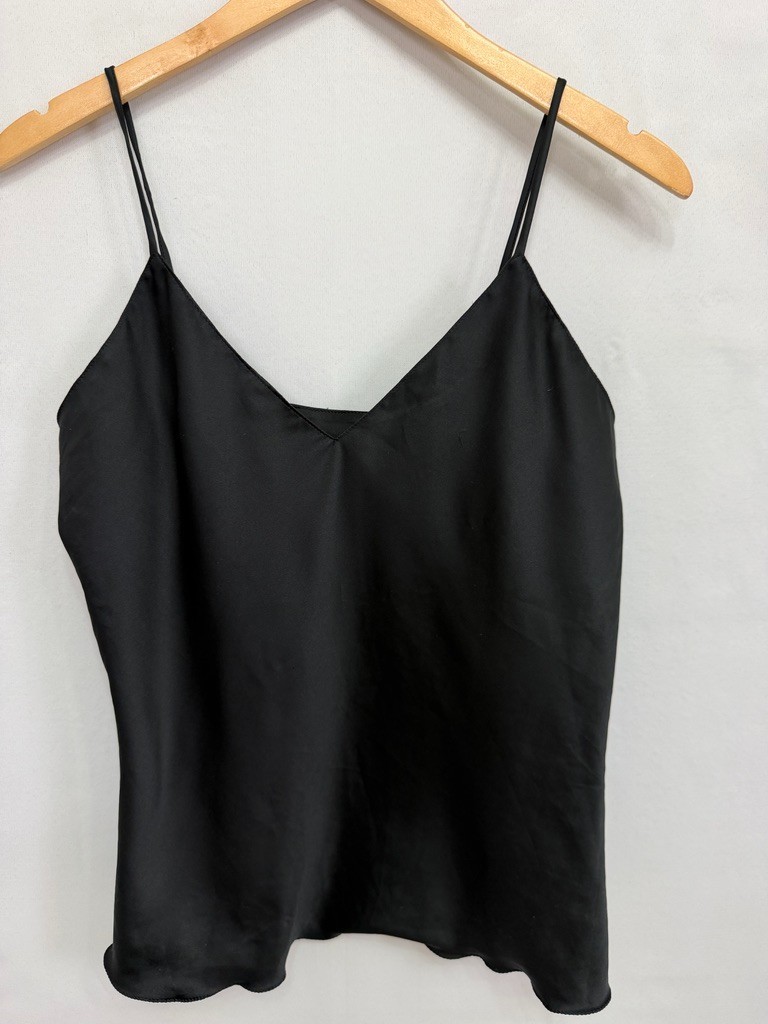 Savon Faire Black Satin Cami Tank Top V Neck Spaghetti Strap Size M L