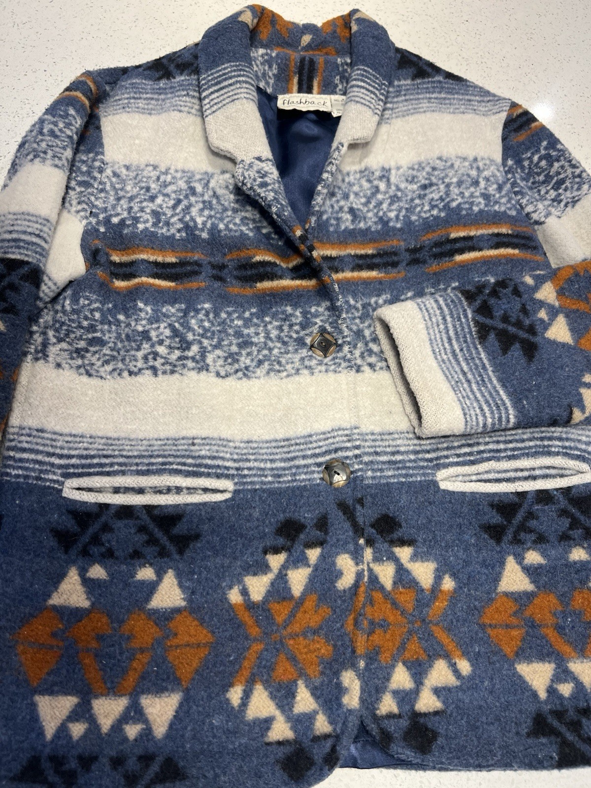 Vintage 90s Flashback Southwestern Wool Blanket Jacket Aztec Blue Tapestry Coat