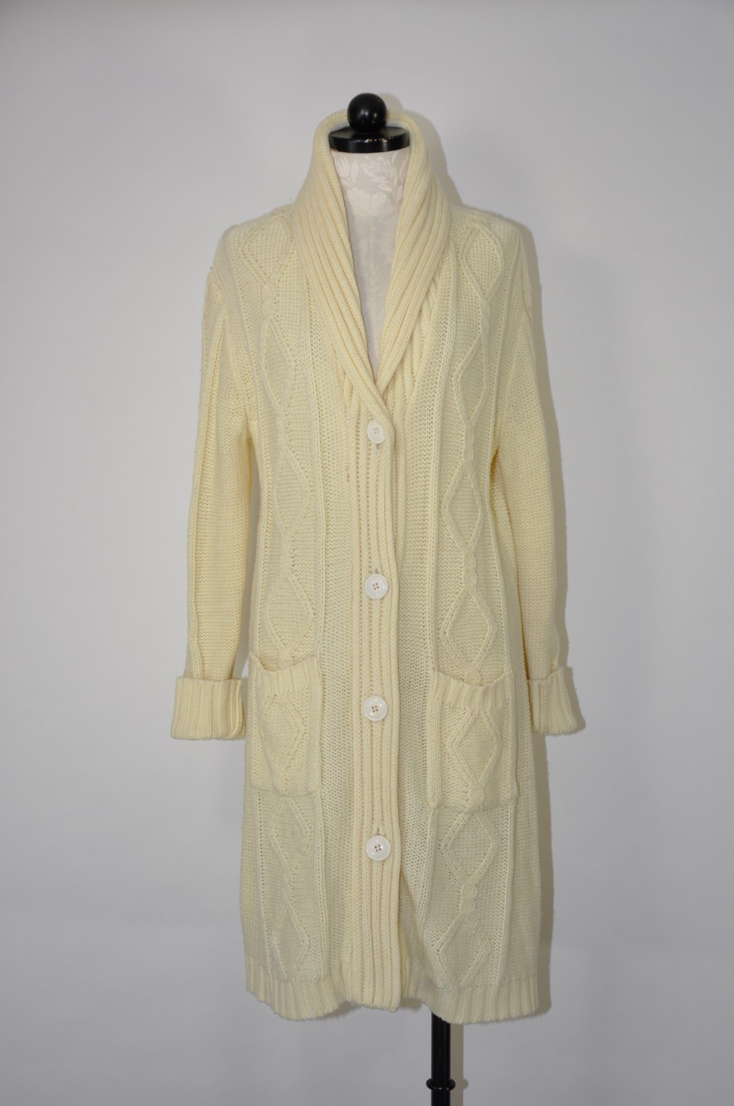 70s Cream Fisherman Cable Knit Shawl Duster Long Cardigan Sweater Coat Women M L