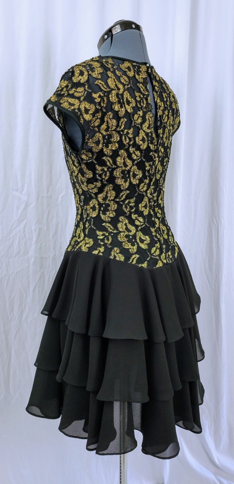 Vintage Late Edition Gold & Black Lace Bodice Dress w Tiered Skirt Size 10