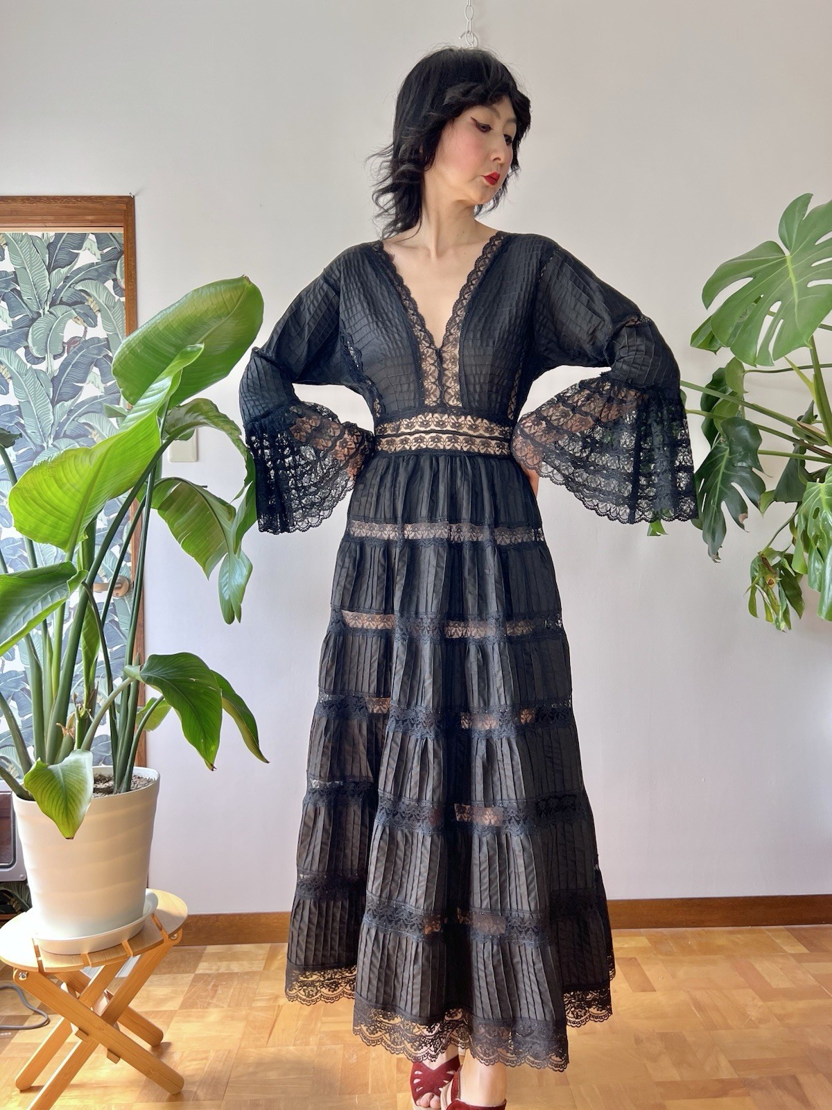 VTG 60s Mexican Wedding Dress Black Lace Pintuck Bell Sleeve Maxi S/M Boho Hippy