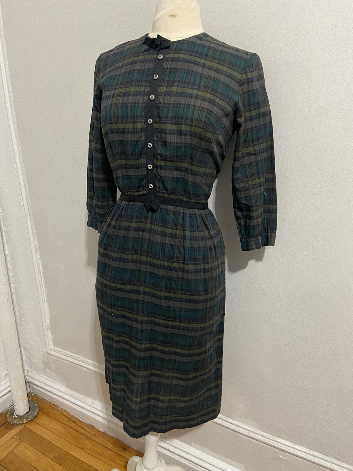 60s Helen Whiting Green Plaid Sheath Vintage Dress