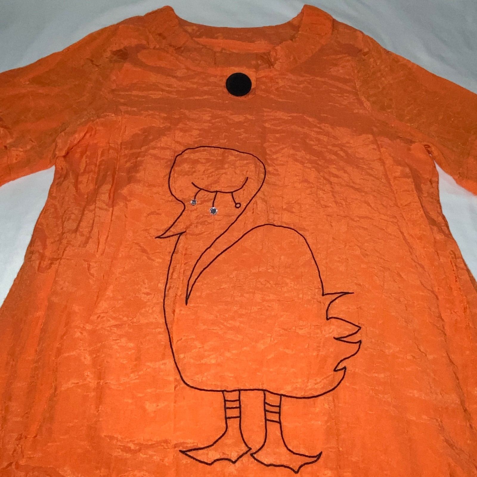 Vtg Artsy Blouse Large Orange Top Whimsical Bird Crystals Gauzy Rayon Korean m