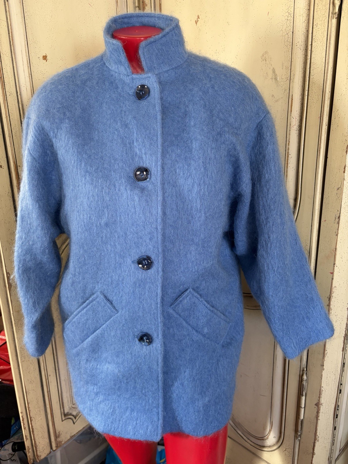 Vintage Dark Teal Blue Fuzzy Mohair Jacket Coat George David Fashion USA L/XL