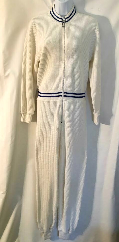 Neiman Marcus Vtg 80s one piece white and navy acrylic zipper sweater jumpsuit S