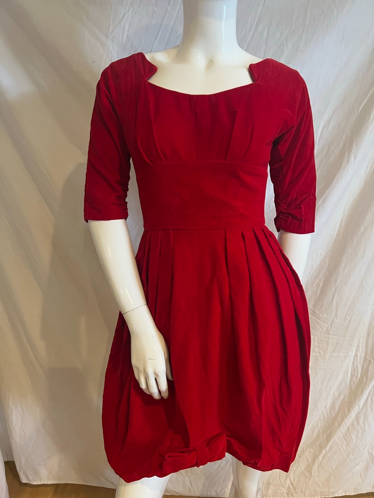 1950’S VELVET BOW TRIM A-LINE FULL DRESS SIZE XS XSMALL