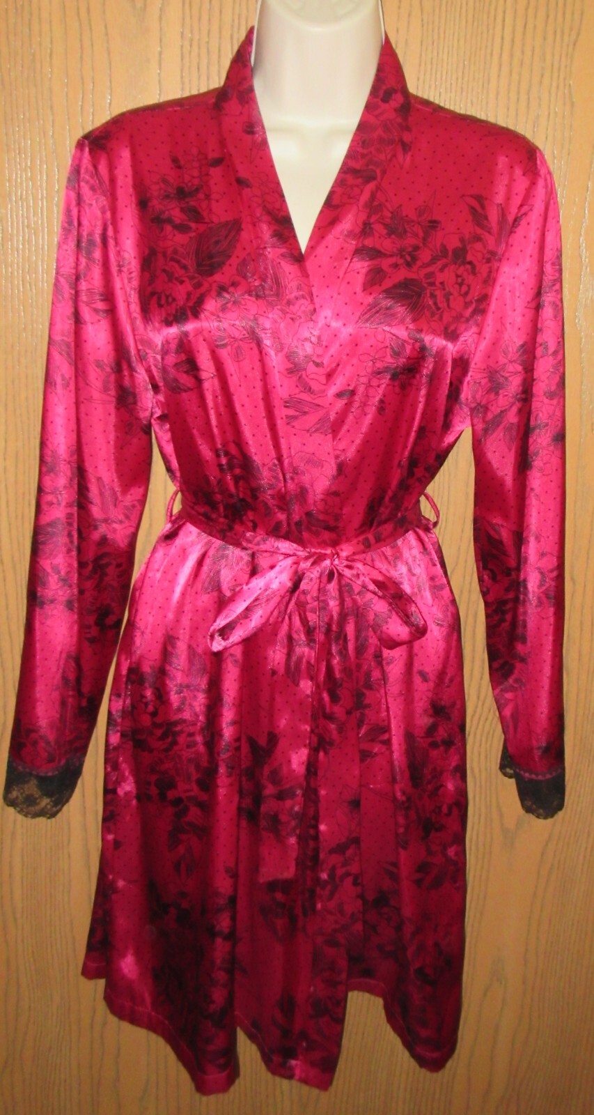 APT. 9 DEEP ROSE RED w/ Black SATIN LACE OPEN frt self belt robe lingerie sz M