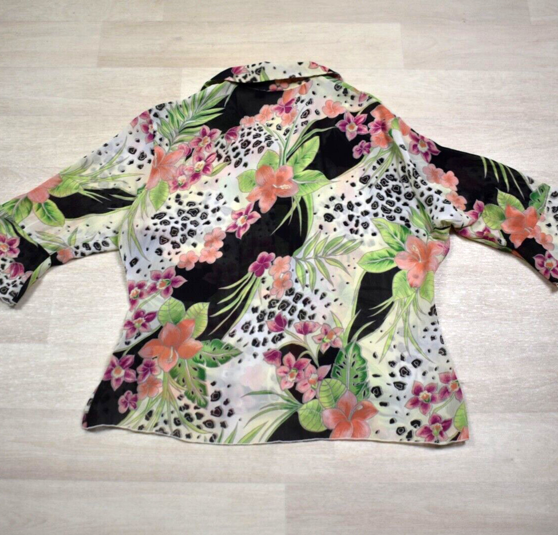 Y2K Milano Leopard Print Tropical Floral Top Blouse Ruffle Small VTG 2000s
