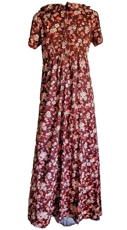 VTG 70s Nylon Jersey Maxi Dress w/ 1930s Inspired V-Neckline & Ruffle Collar L