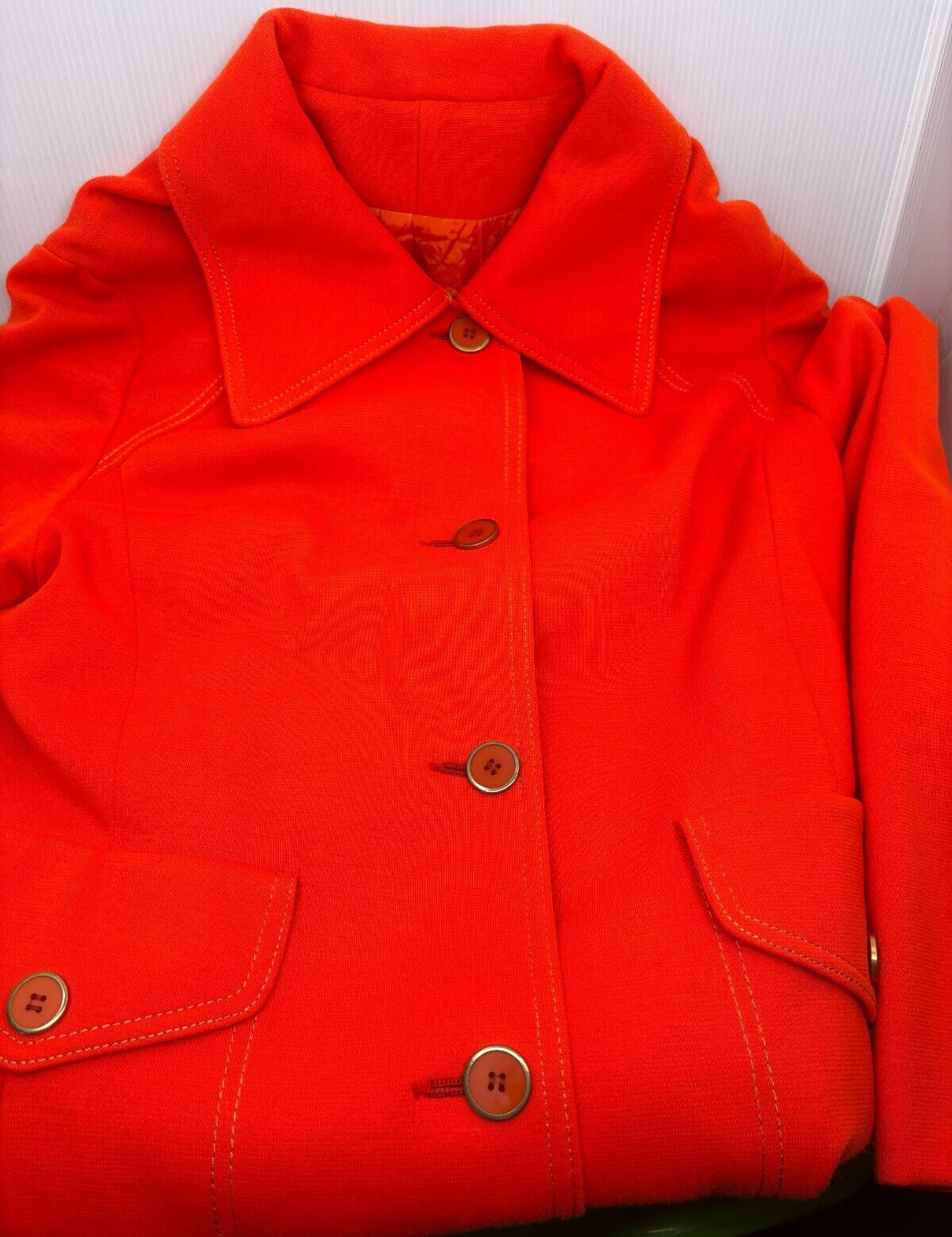 Vintage 1974-95 Womens Coat Size L-XL Orange Double Knit Buttons Tie Back Pleat