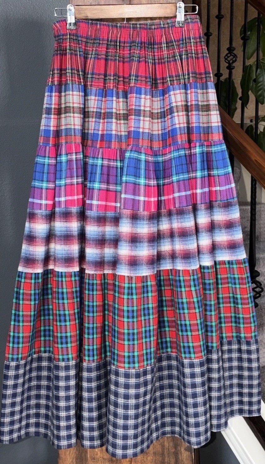 VTG Tour De France Plaidwork Maxi Skirt 100% Cotton Indie Grunge Elastic Waist