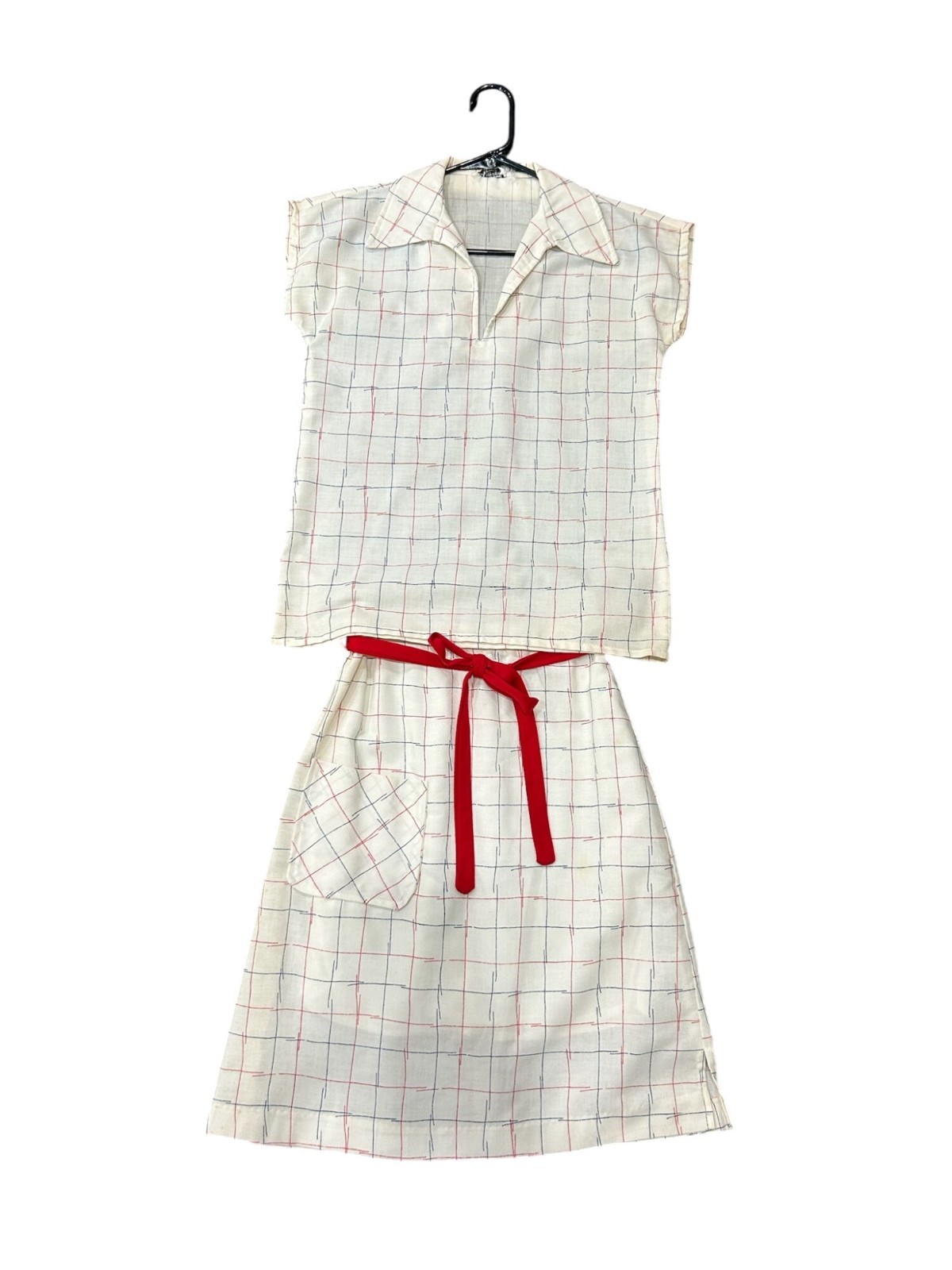 Vintage 1960s The Voyager Checkered Top Skirt Set Cream Red Casual Outfit Set