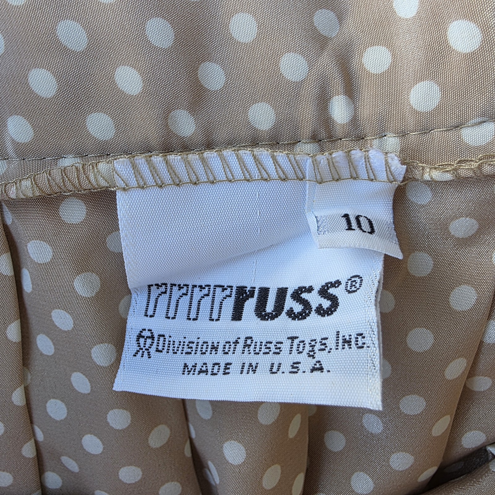 Vintage 80s Polka Dot Pleated Midi Skirt Tan Cream Russ Made USA ILGWU Size 10