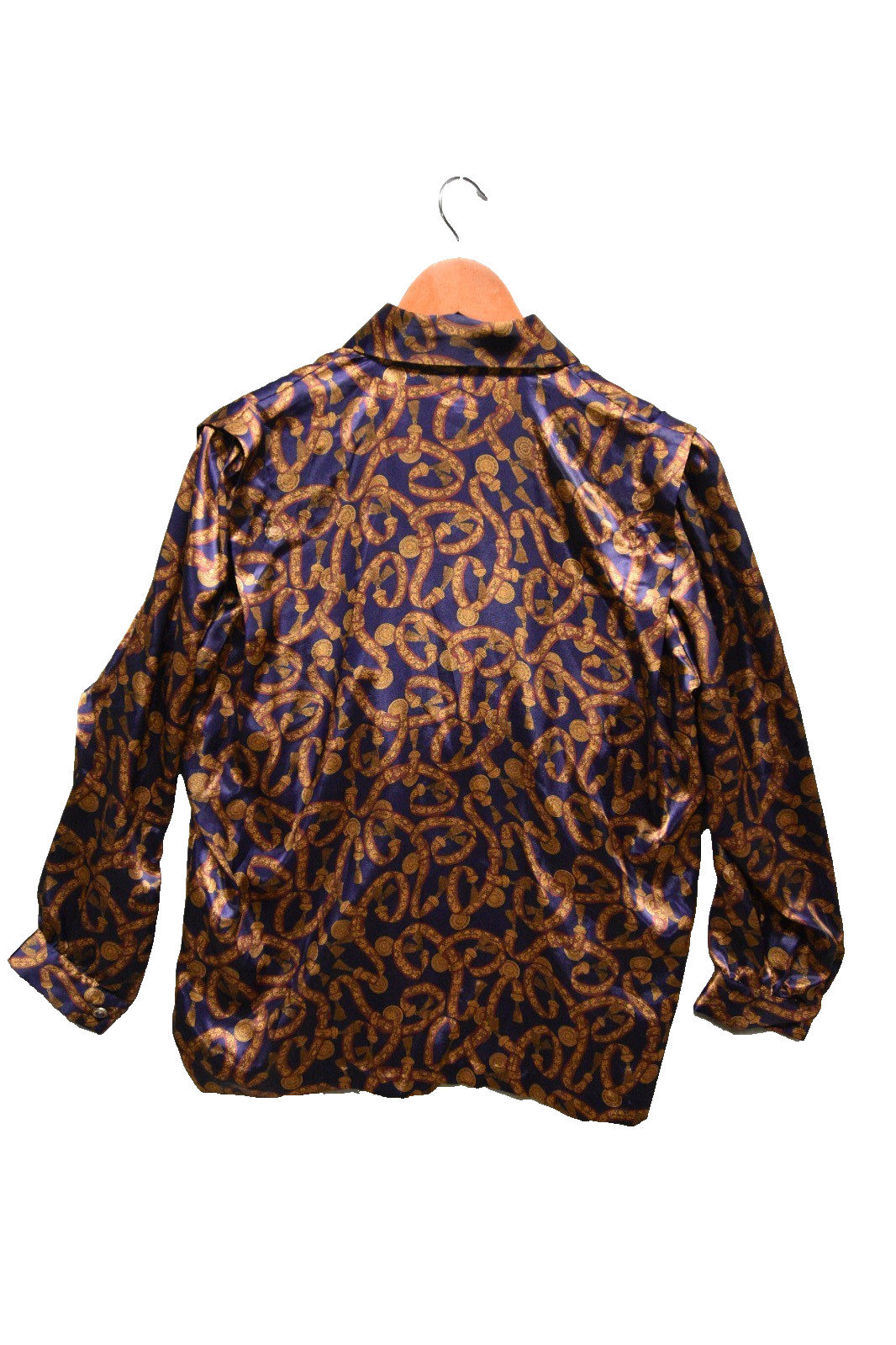 Vintage Schroder II Satin Blouse 14W Purple Gold Chain Print Button Front Macau