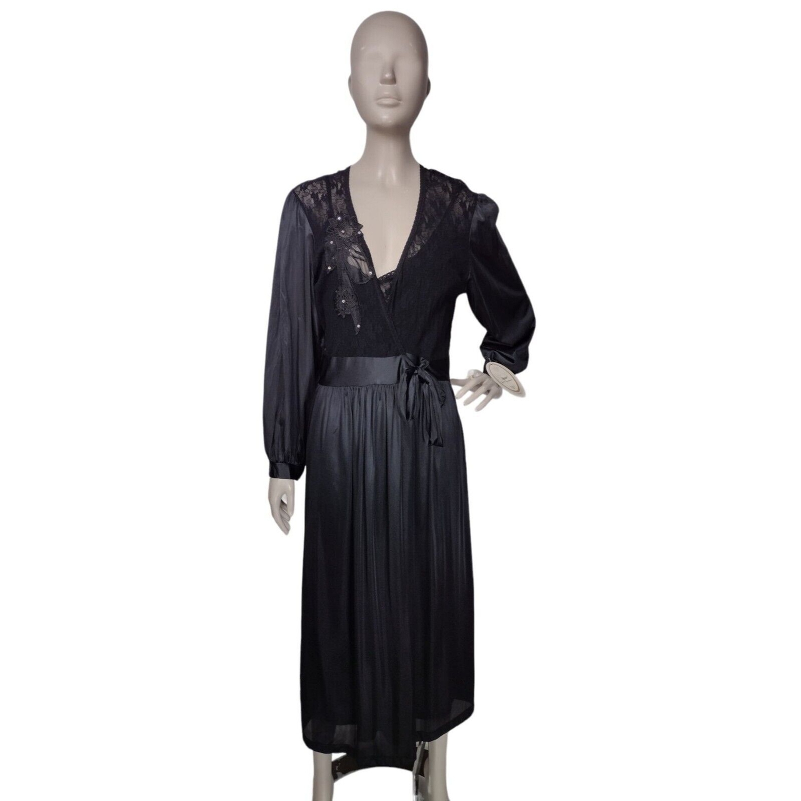 Vintage 80s Cinema Etoile Sexy Black Lace Sweeping Princess Nightgown & Robe NEW