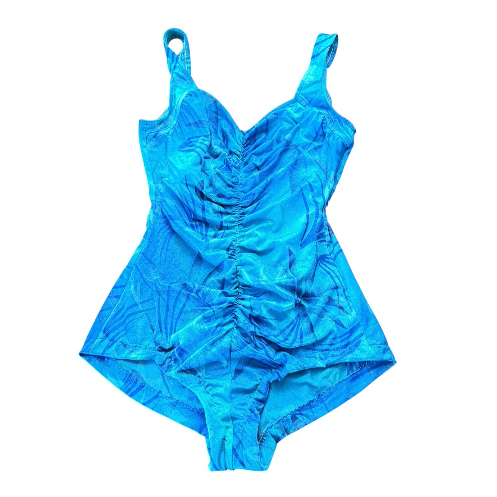 Vintage Maxine of Hollywood One Piece Swimsuit 12 Ruched Blue Palm Leaf 90s