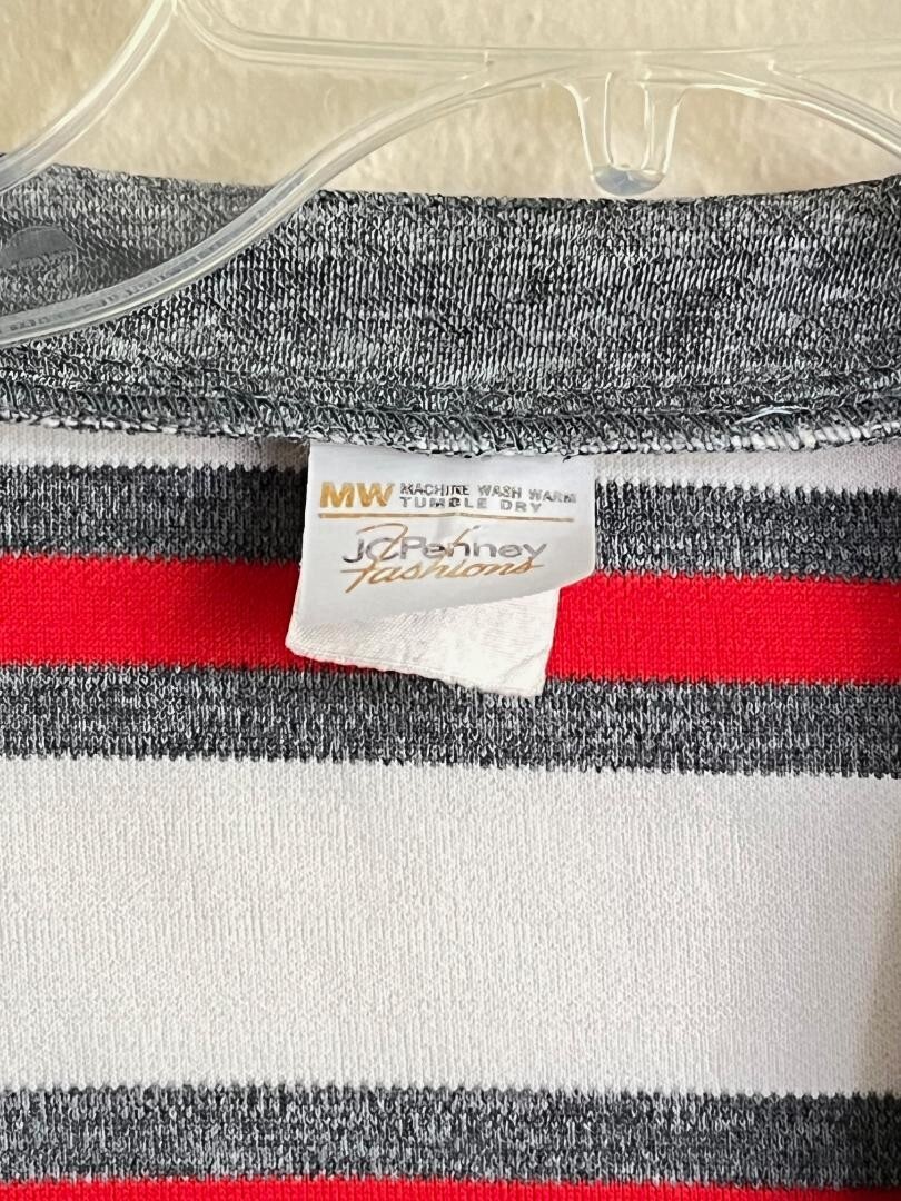 Vintage 1970’s JC Penney Fashions Red White Gray Striped SS Shrug Knit Top SZ 12