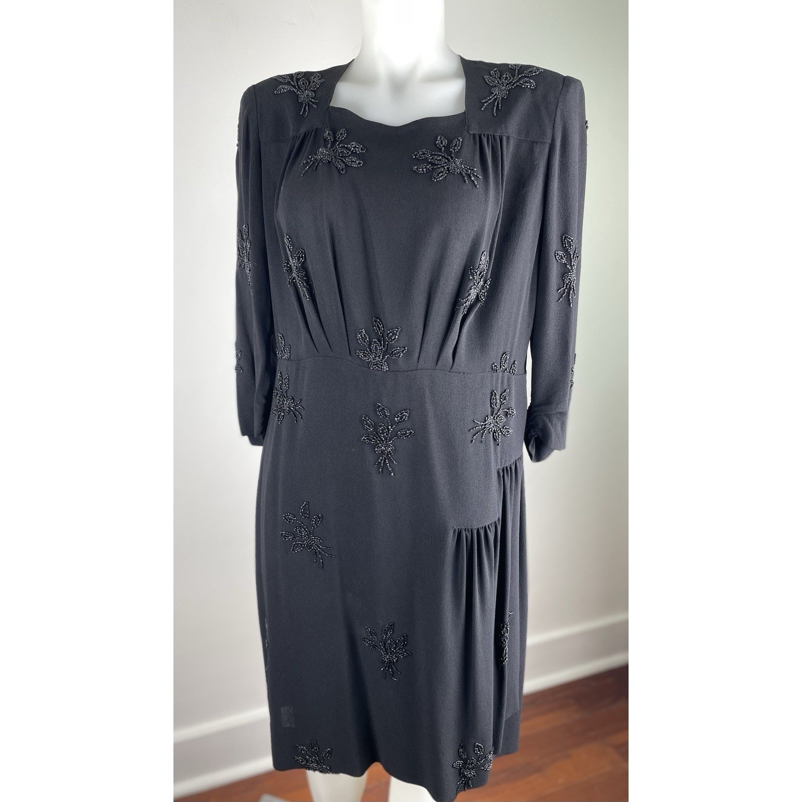 Vintage 40s Black Beaded Rayon Dress Beaded Formal Elegant READ