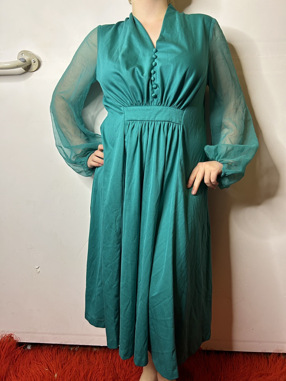Vintage 1980s does 70s Teal Midi Caftan Dress Chiffon Sleeves Prairie Boho AU 14