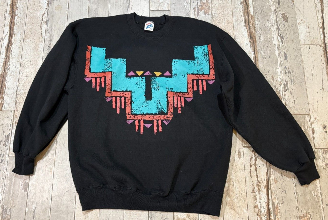 VTG 90s Jerzees Super Sweats Aztec Graphic Print Sweatshirt Black Size L Tribal