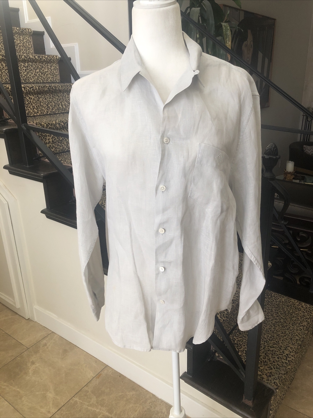 Ralph Lauren Blue Label 80s dove grey linen man tailored blouse monogram 12