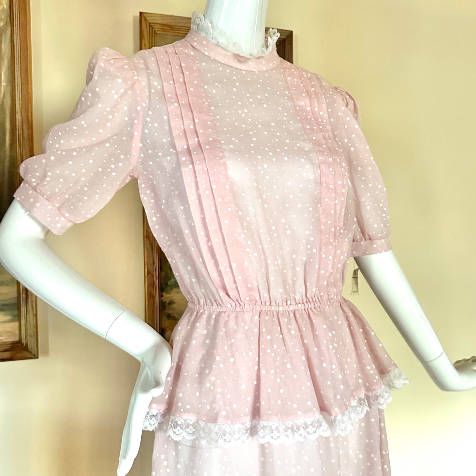 Vintage 1980s New Wave Valley Girl Pastel Pink Polka-dot Peplum Dress S/M