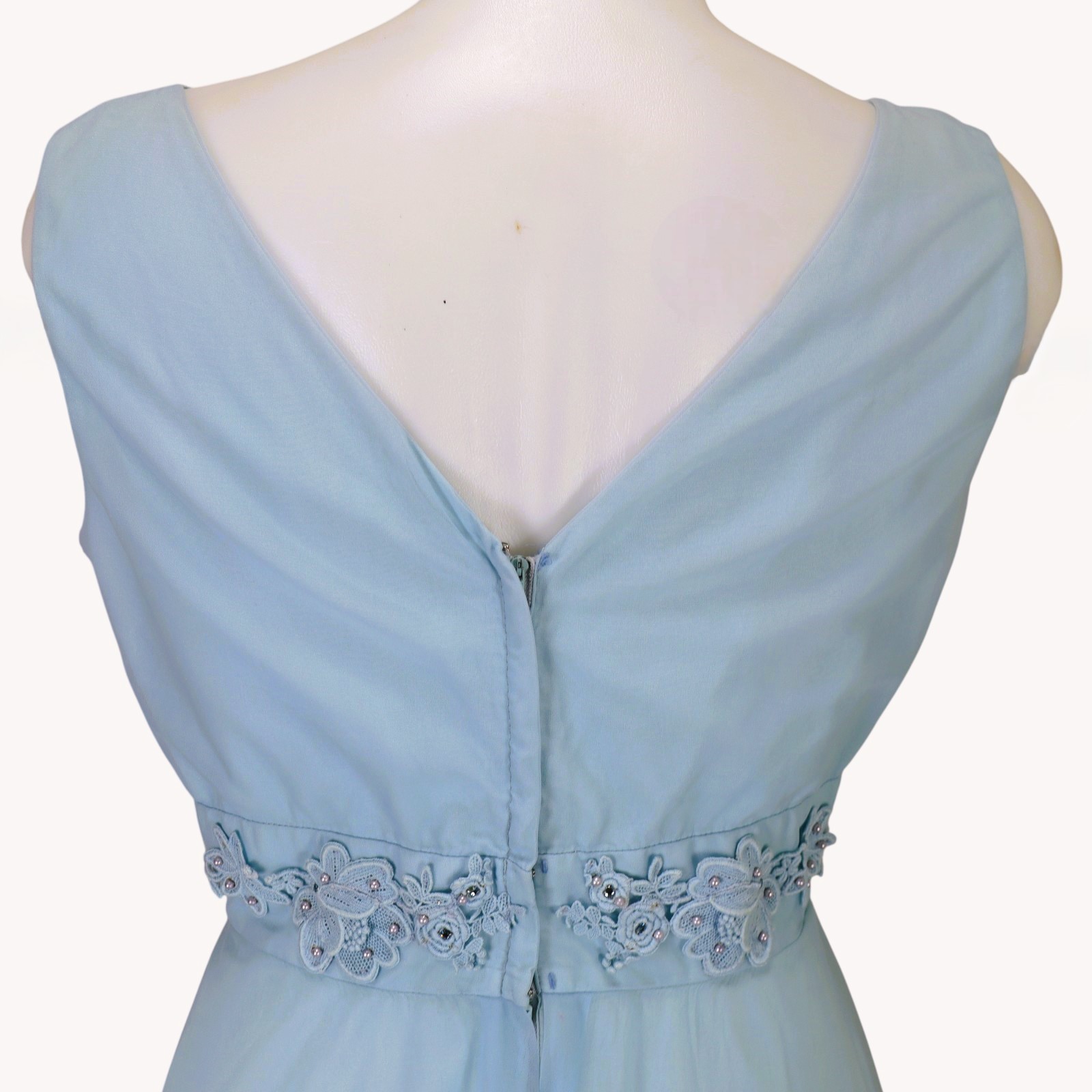 Vintage 1960s Aqua Blue Chiffon Bridesmaid Dress Midi Empire Waist Beaded 6-8