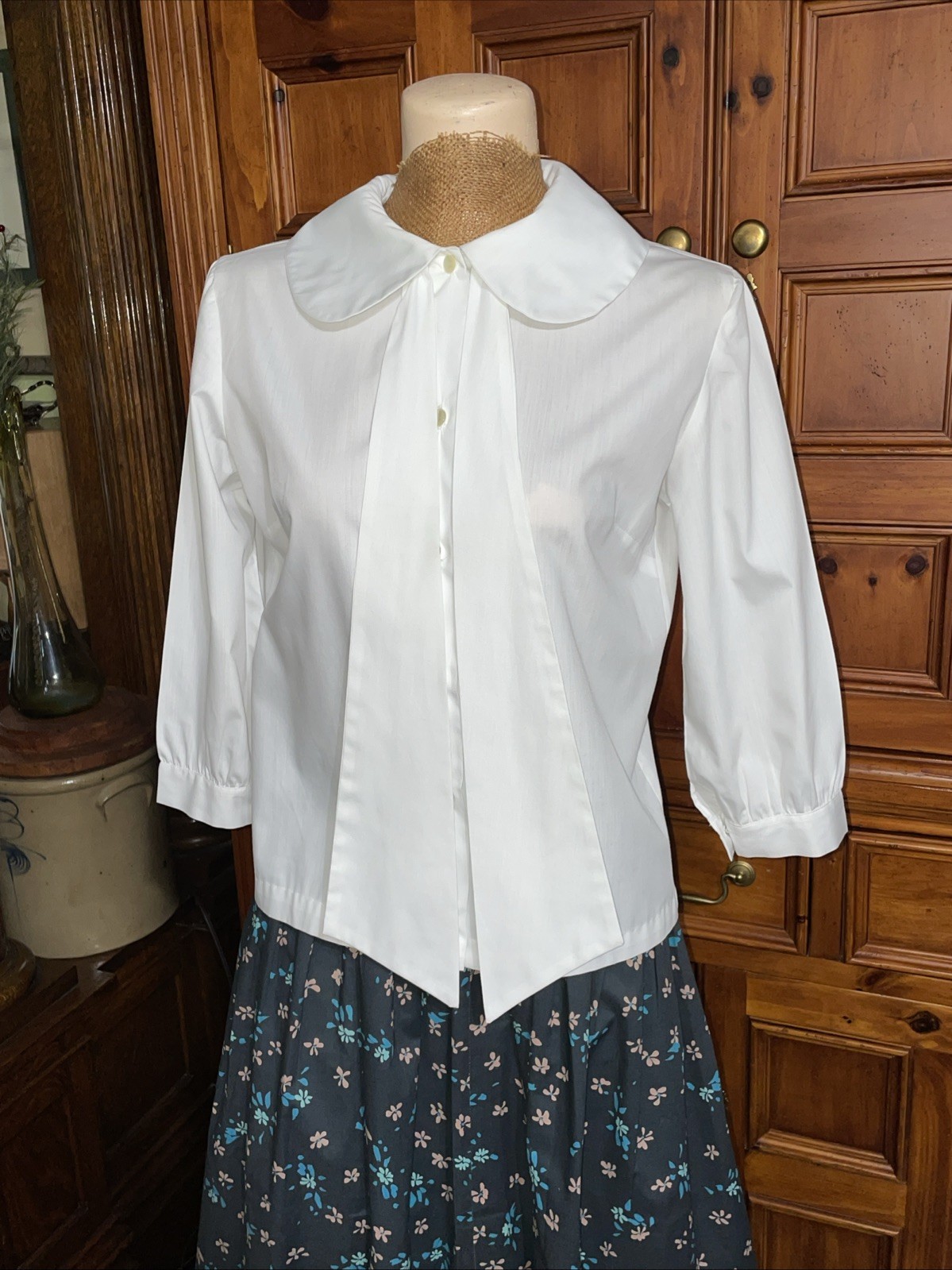 Vintage Sybil White 3/4 Sleeve Blouse Round Collar Detachable Sash Tie Front