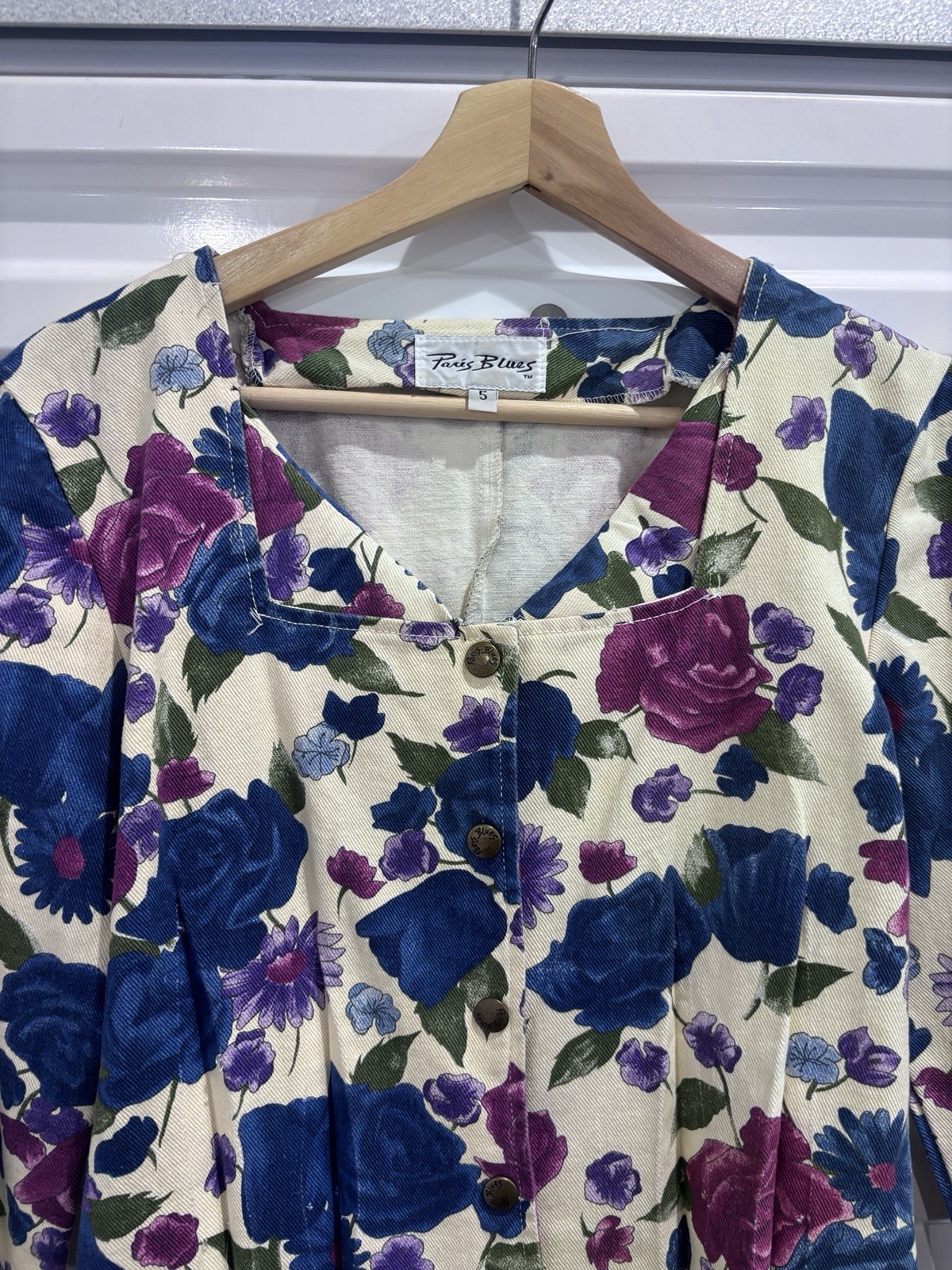 Vintage 90s Paris Blues Floral Denim Dress Size 5 Blue Purple Roses Cottagecore